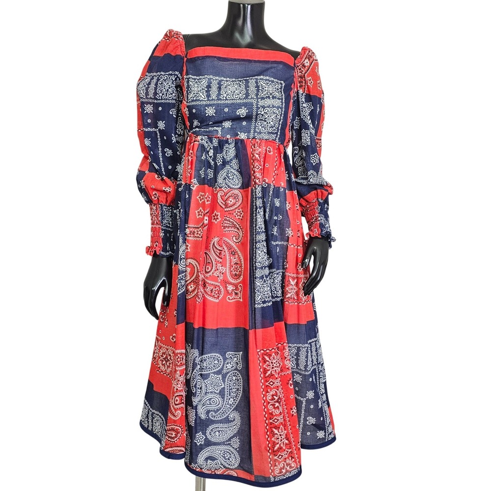 Vintage 70s Georgia Atherton Patchwork Bandana Prairie Dress Boho USA July 4th